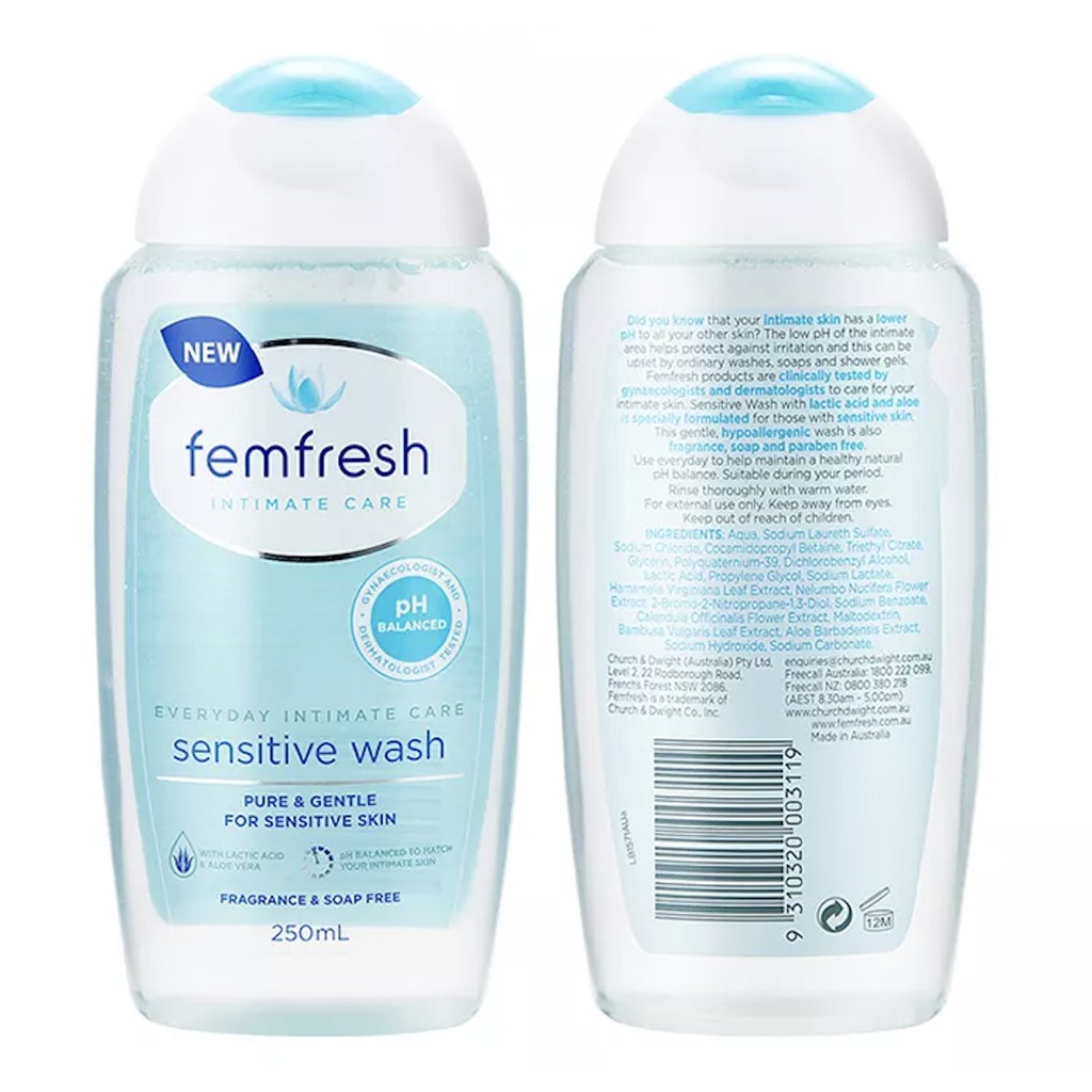 Dung Dịch Vệ Sinh Phụ Nữ Femfesh Màu Xanh Cho Da Nhạy Cảm Femfesh Sensitive Wash 250ml của Úc