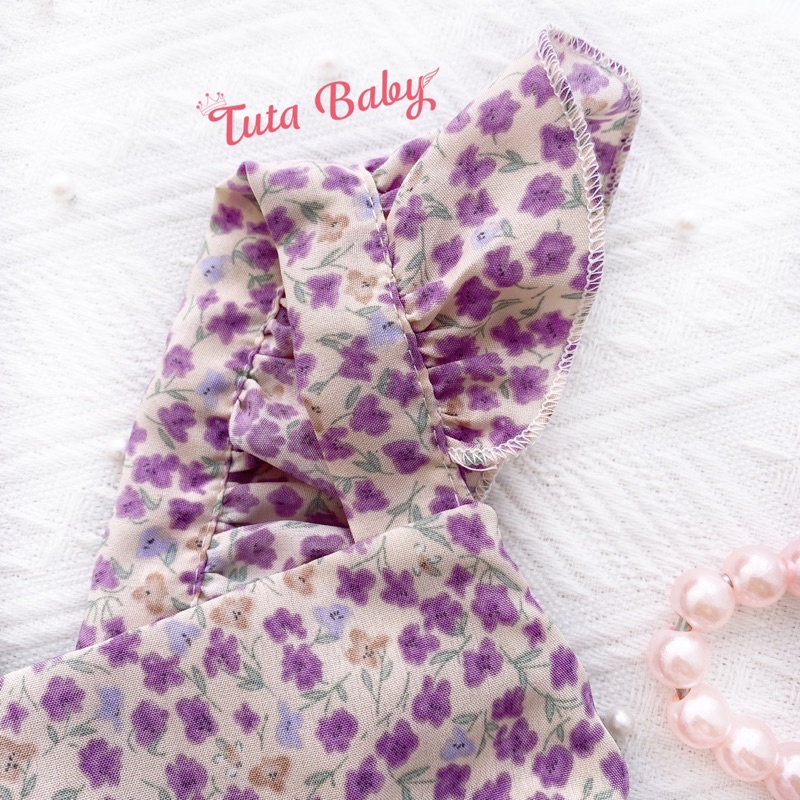 Bodysuit Cho Bé Hoa Tím Phối Ren Chất Lụa Thiết Kế Body Váy Xinh Xắn, Body Bé Gái Kèm Turban Dễ Thương