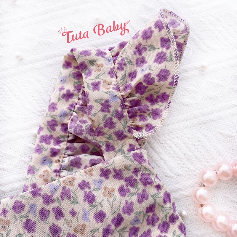 Bodysuit Cho Bé Hoa Tím Phối Ren Chất Lụa Thiết Kế Body Váy Xinh Xắn, Body Bé Gái Kèm Turban Dễ Thương