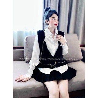 set áo len gile kèm áo sơ mi cho nữ