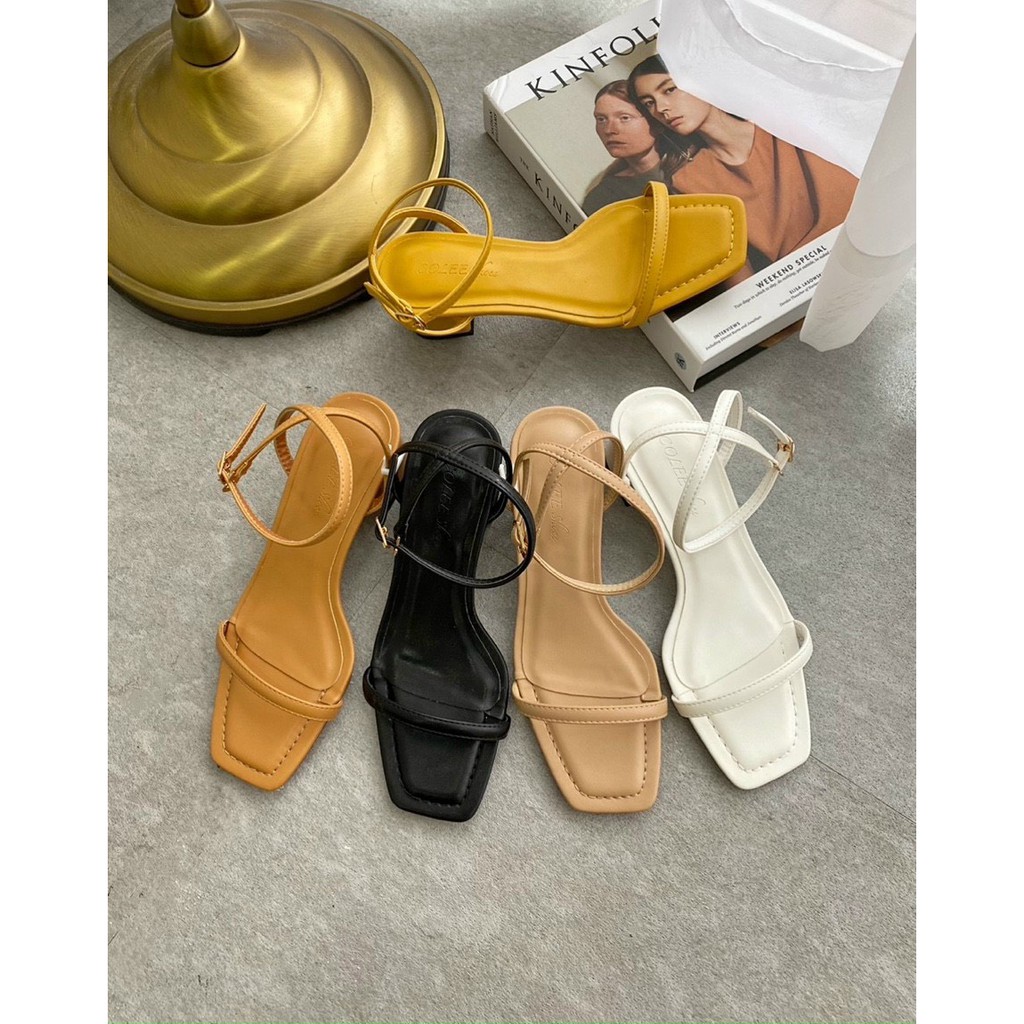 Sandal nữ cao 5 phân quai mảnh gót vuông bảng ngang may chỉ trang trí chính hãng HISHOO S026