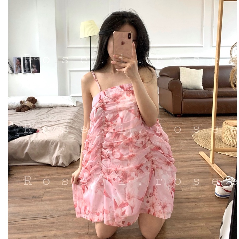 Đầm hồng voan hoa nhúng