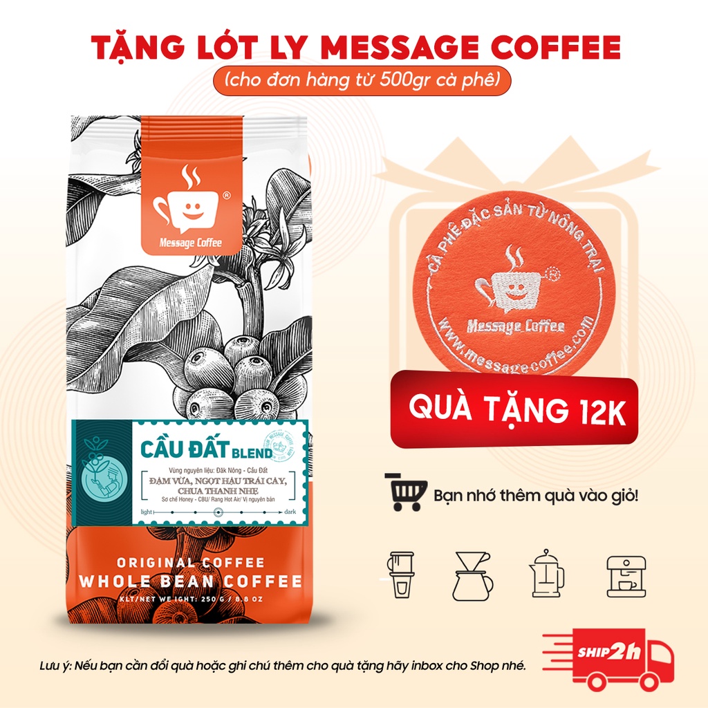 [TẶNG PHIN] COMBO 2KG Cà phê nguyên chất Cầu Đất Blend rang mộc 100% thơm quyến rũ hậu ngọt đắng đầm từ Message Coffee