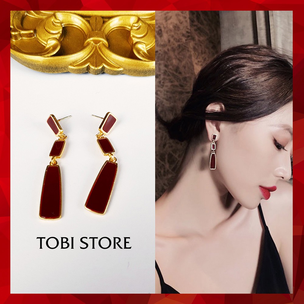 Khuyên tai nữ dáng dài hình học màu rượu vang đỏ TB25 TOBI STORE