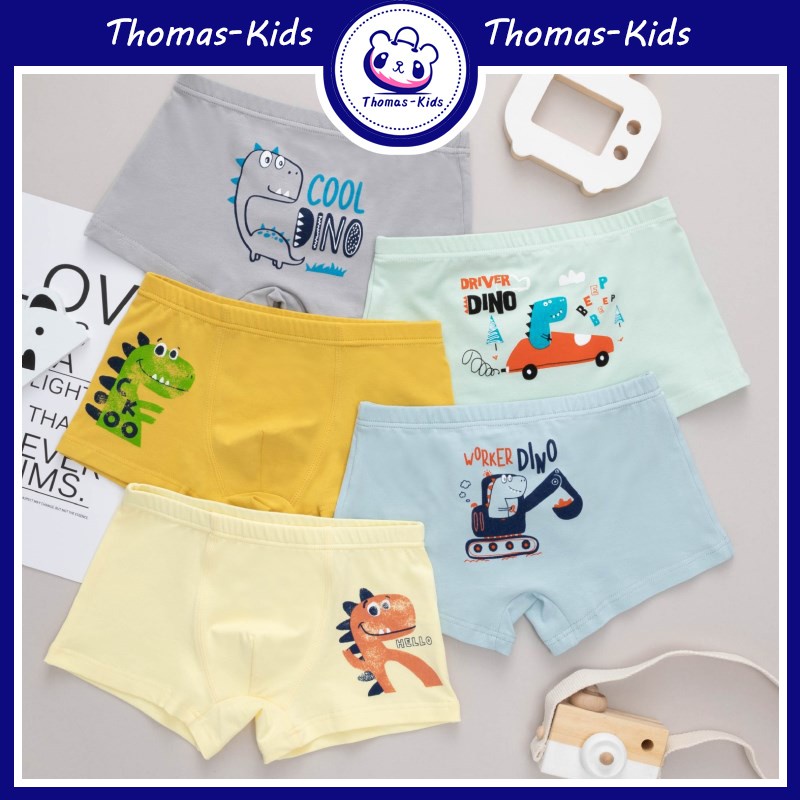 Set 5 Quần Lót Boxer Cotton In Họa Tiết Khủng Long Hoạt Hình Cho Bé Trai 3-12 Tuổi