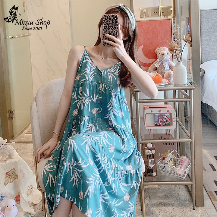 Đầm Ngủ Hai Dây Cao Cấp Minxu Shop, Váy Mặc Nhà Vải Lanh Mát Lịm, Giả Cúc Ngực Quyến Rũ Freesize 45-75kg (VL122)