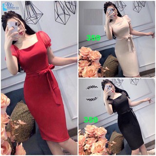 Đầm ôm body Cổ Vuông Tay ngắn màu đen kem và Đỏ Dự Tiệc Công Sở Dạo Phố