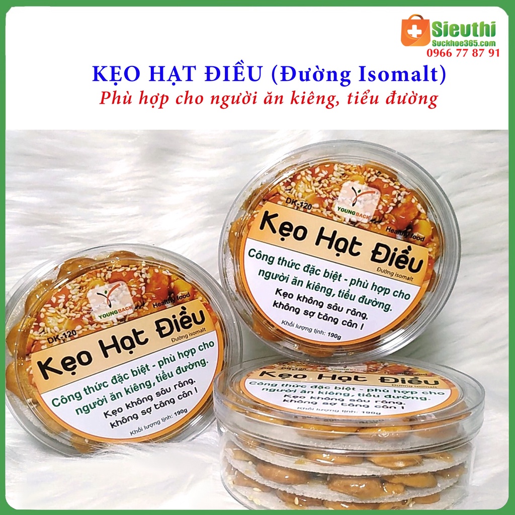 Kẹo hạt điều dành cho người tiểu đường, ăn kiêng, kẹo dinh dưỡng hộp 190g Siêu Thị Sức Khoẻ 365