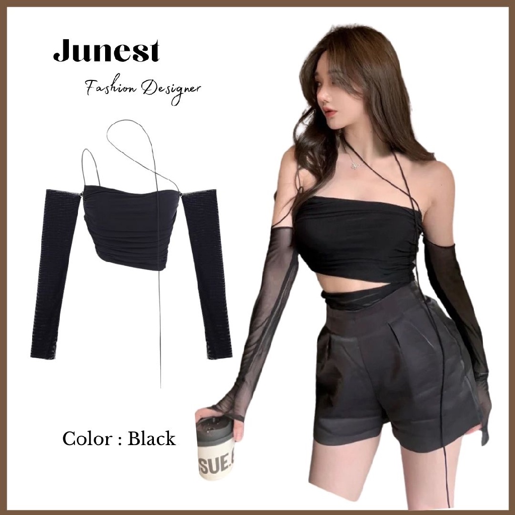Áo trễ vai nữ Junest dáng croptop tay rời phối vải lưới vạt chéo sexy ATV01