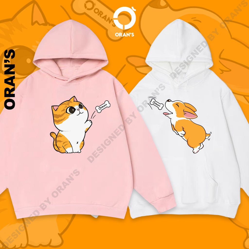 Áo Hoodie đôi in hình chó mèo ném xương 4 màu chất nỉ cotton lót bông cao cấp form rộng unisex - ORAN'S HOODIE COUPLE 11