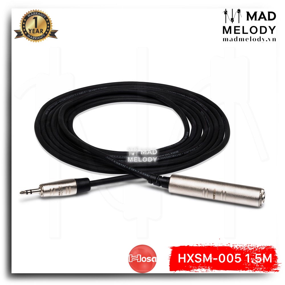 Hosa Pro Headphone Adaptor Cable HXSM-005 (1.5m) (REAN 1/4in TRS - 3.5mm TRS) [Dây cáp nối dài tai nghe, NEW chính hãng]