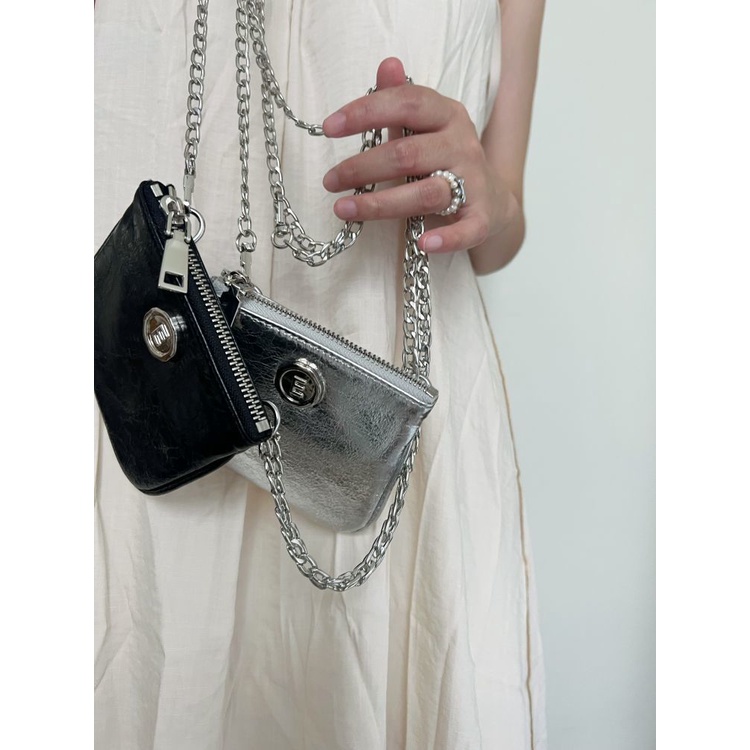 Túi Da Sáp Dầu Đeo Chéo mini Hình Vuông Phối Dây Xích Phong Cách Hàn Quốc Cho Nữ