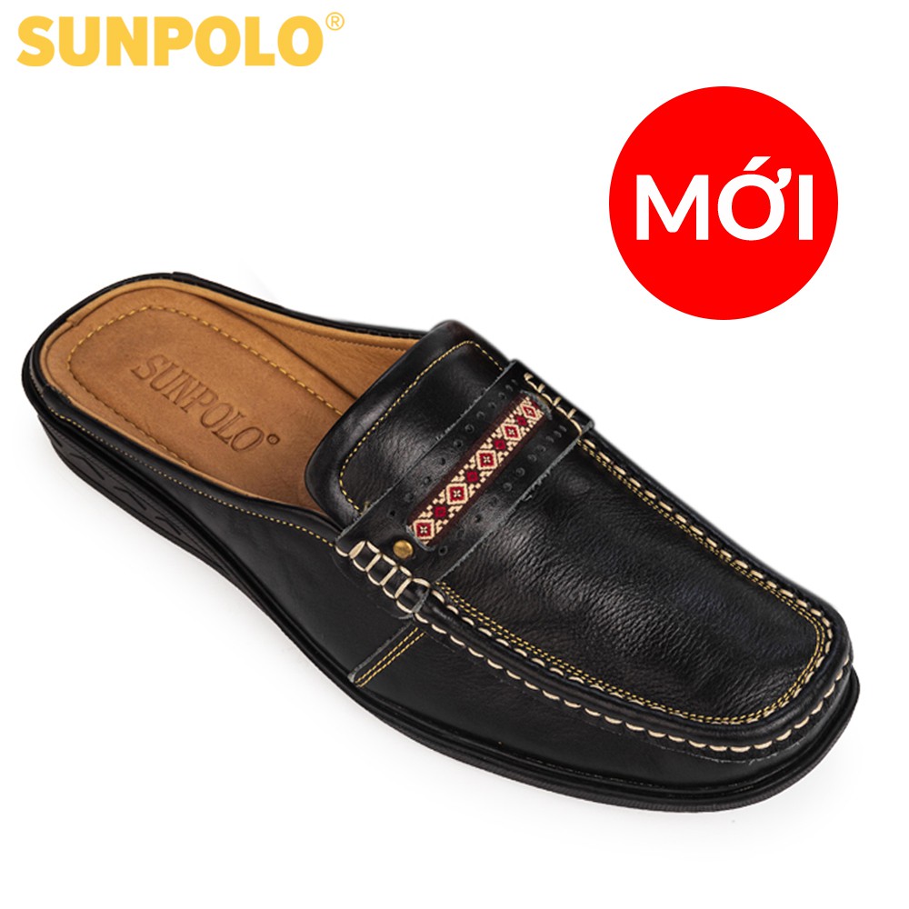 Giày sục nam da bò cao cấp SUNPOLO - Đen SPO002