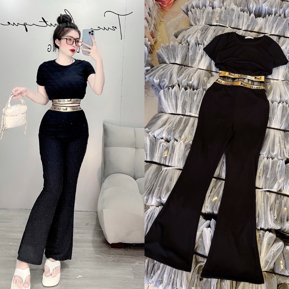 Set áo croptop quần ống loe cạp cao đai chữ - Xưởng Sỉ Cô Ba - Xưởng sỉ COBA