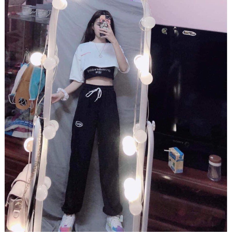 Quần jogger thêu Spun kèm 2 áo croptop thêu GROUNDBREAKING