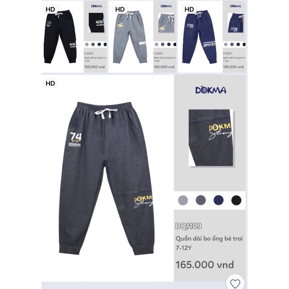 Quần dài bo gấu bé trai Dokma 7-12 tuổi mỏng giá bìa 165k
