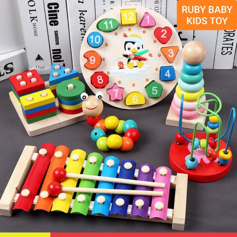 Combo bộ 6 món đồ chơi gỗ thông minh nhiều màu sắc cho bé