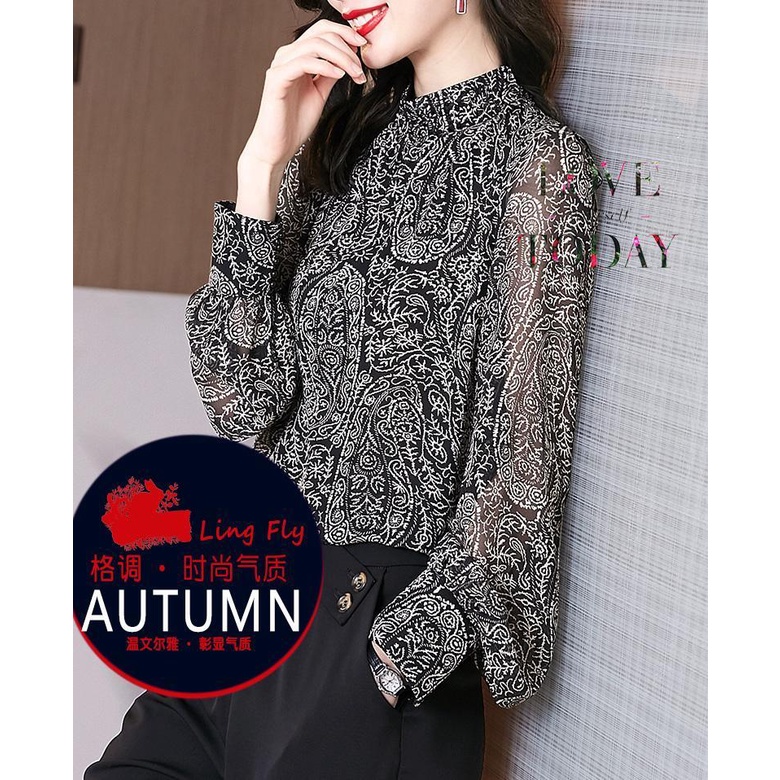 S-5xl Mùa Hè Mới Phần Mỏng Áo Sơ Mi Voan Nữ Kích Thước Lớn Rời Bong Bóng Dài Tay In Hoa Top Áo Sơ Mi Nữ