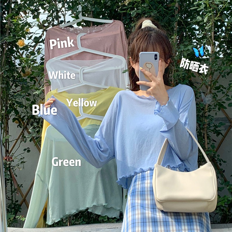 (ORDER) Áo thun nữ dệt kim dài tay viền sóng mỏng nhẹ xuyên thấu nhiều màu style cá tính Hàn Quốc