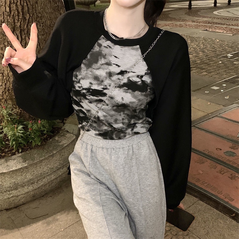 Áo Sweater Tay Dài Giả Hai Lớp Dáng Ngắn Phối Màu Nhuộm Kiểu Hàn Quốc Cá Tính