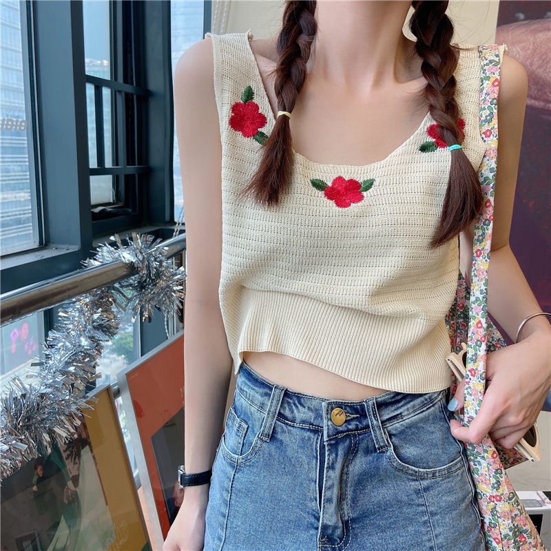 Thêu Áo hai dây Dệt Kim Nữ Phong Cách Mùa Hè Mới