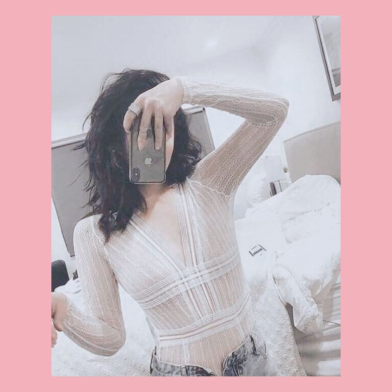 Những kiểu đồ lót siêu sexy - Bodysuit - Bộ đồ lót áo liền quần hot ôm body màu đỏ tay dài ren lưới hở lưng | BigBuy360 - bigbuy360.vn
