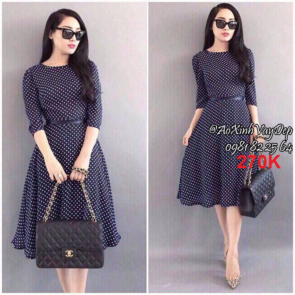 👗 Đầm xòe chấm bi tay lỡ kèm dây thắt eo (1 màu)