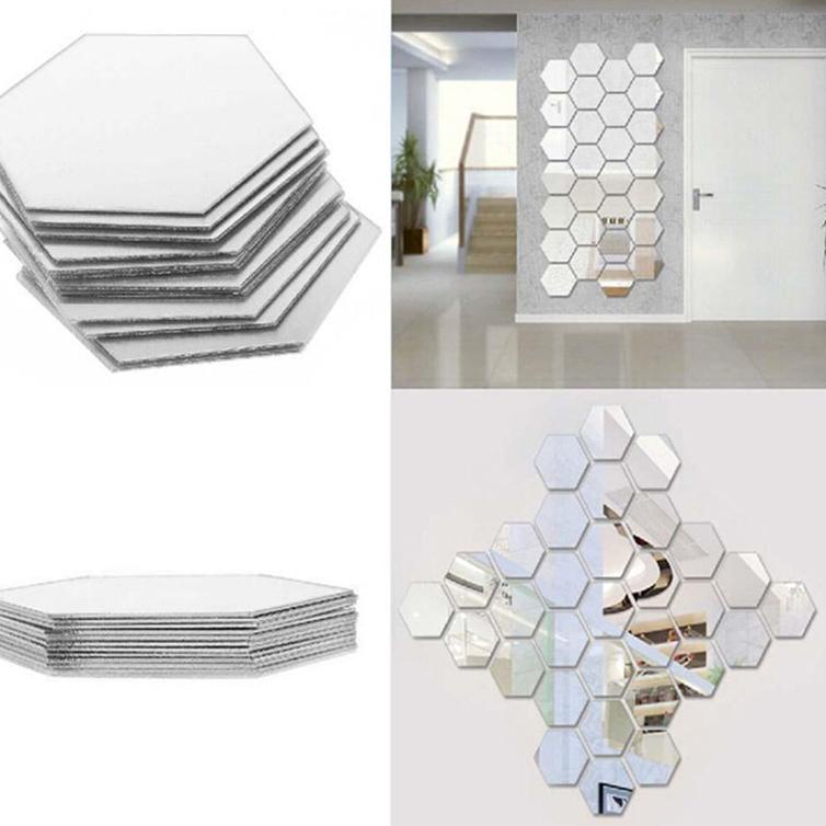 Bộ 12 Miếng Dán Kính Lục Giác Lớn 6cssp Tráng Gương Trang Trí Tường