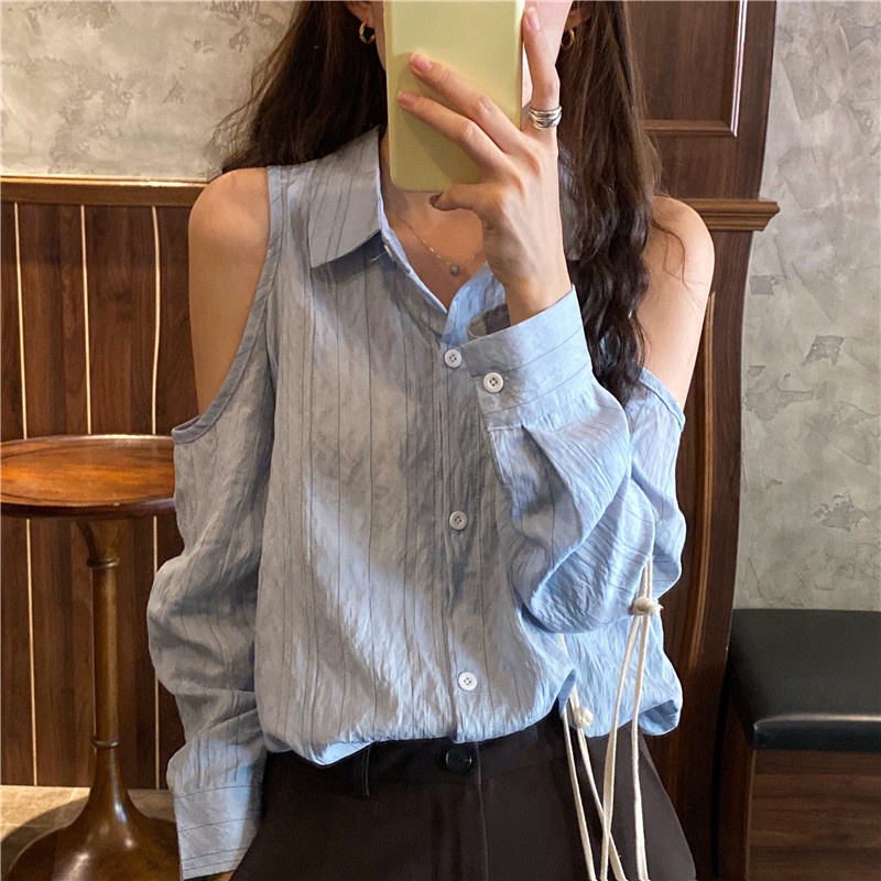Áo sơ mi kiểu nữ form rộng thiết kế hở vai Tay dài Hàn Quốc Sơ mi kiểu nữ Khoét vai Dài tay Thời trang Dáng rộng