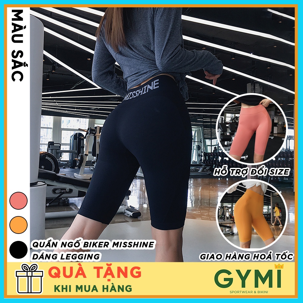 Quần tập gym yoga nữ GYMI QL02 dáng ngố lửng biker thể thao chất dệt co giãn logo Misshine cạp cao
