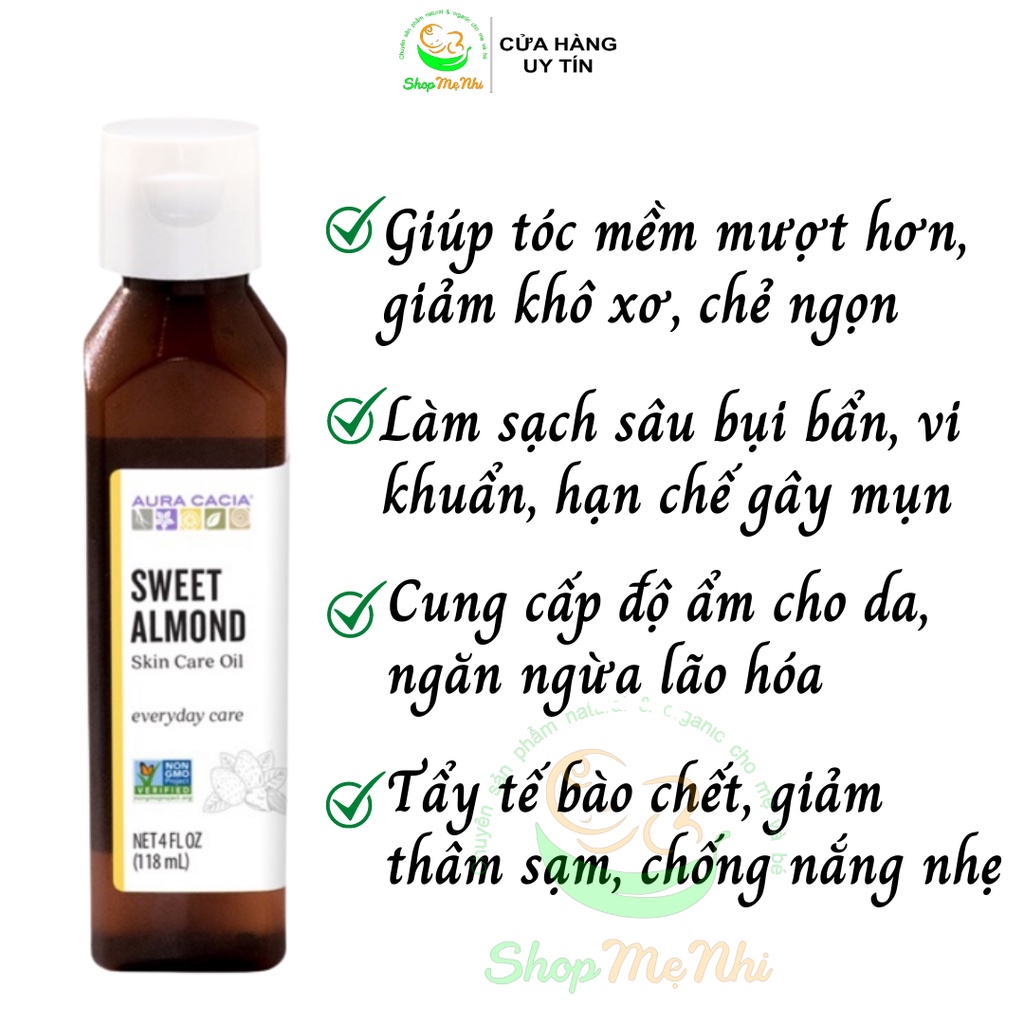 Dầu hạnh nhân ngọt ép lạnh Aura Cacia 118ml làm da mịn màng, dưỡng tóc chắc khỏe.