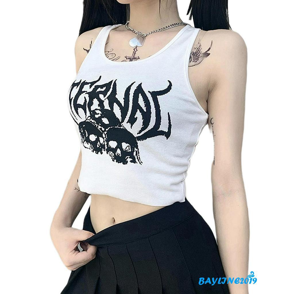 Áo Lửng Sát Nách In Họa Tiết Đầu Lâu Cá Tính Dành Cho Nữ