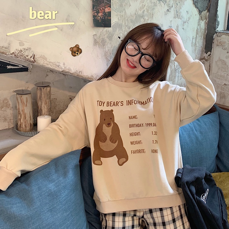 SUXI Áo Sweater Cổ Tròn Tay Dài Dáng Rộng In Hình Gấu Thời Trang