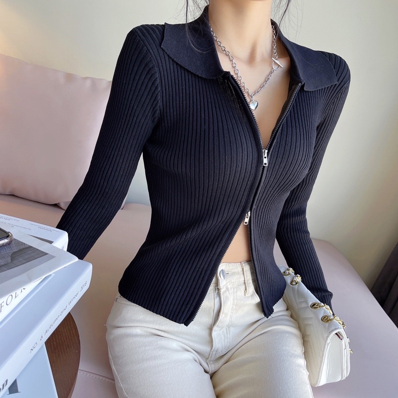 [Hot] Áo Len Tăm Gân Body Dài Tay Nữ Cổ Bẻ Khoá 2 Đầu Ôm Body Màu Trơn Cá Tính, Quyến Rũ