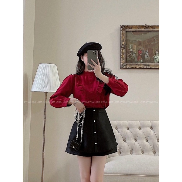 [Ảnh thật/sẵn] Áo sơmi cổ chun phối ngực thanh lịch/sơ mi nữ LALIA