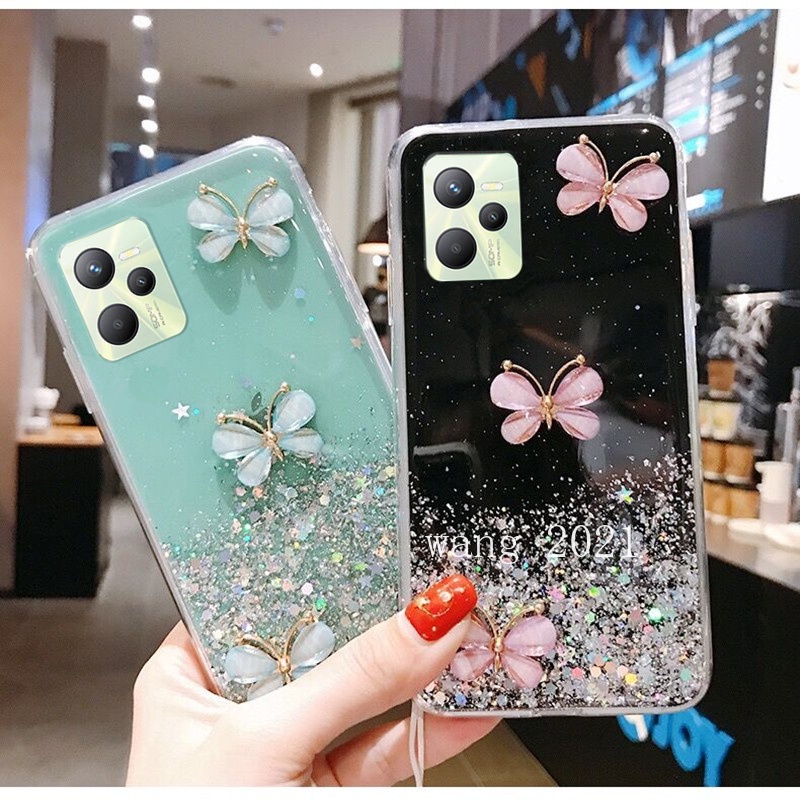 Ốp Điện Thoại Dẻo Trong Suốt Họa Tiết Bươm Bướm Nhiều Màu Kèm Dây Đeo Cho Realme C35 / 9 Pro + / 9Pro / 9i