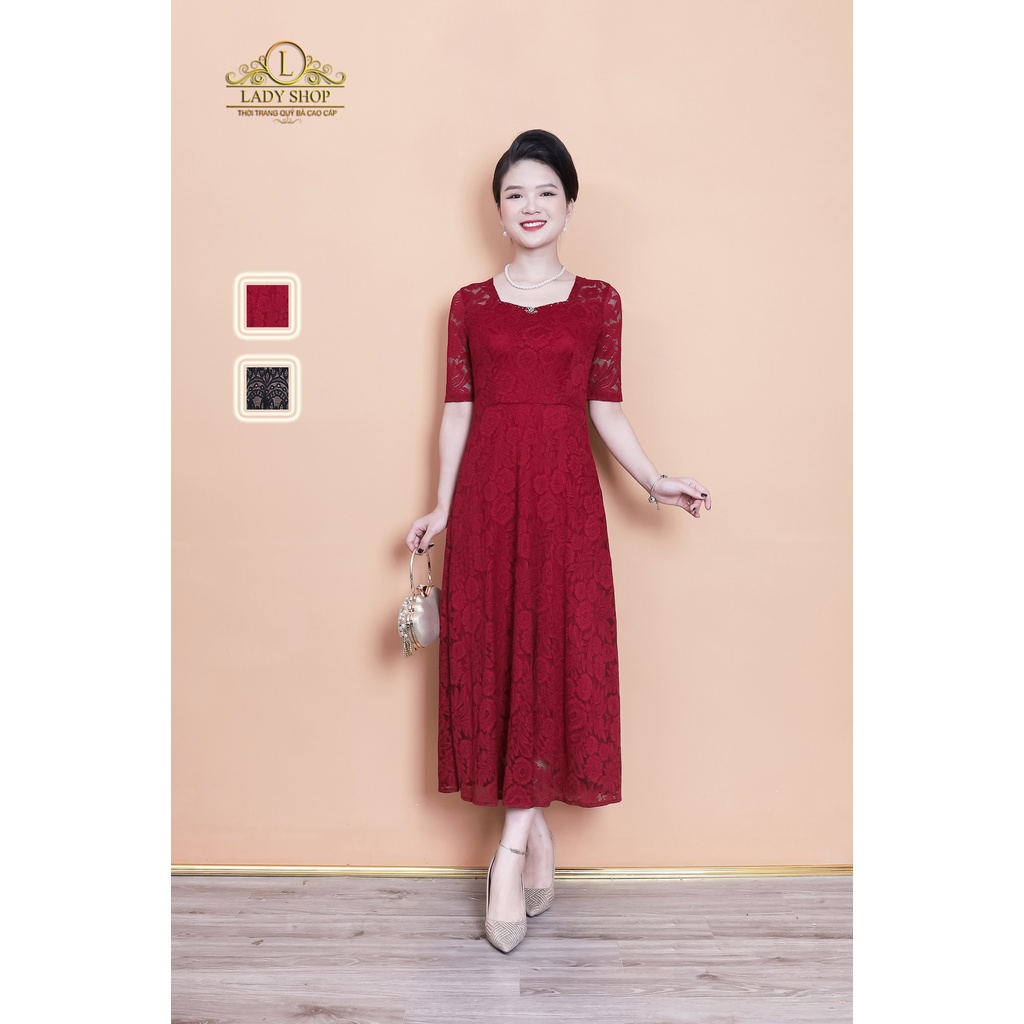 Đầm maxi ren cổ uốn kết đá Ladyshop thời trang trung niên cao cấp TK930
