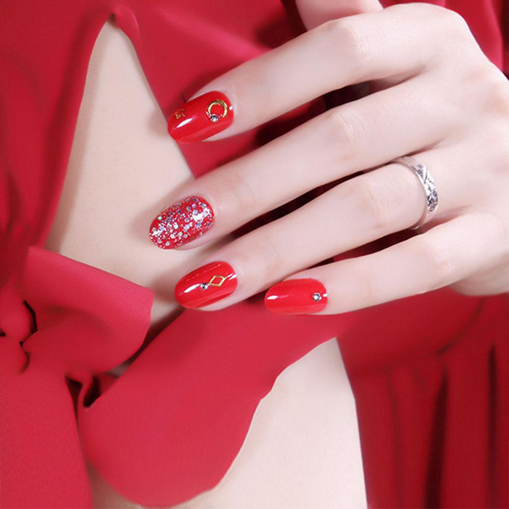 Bộ 24 Móng Tay Giả Dạng Nhấn Hình Trái Tim Lấp Lánh Kèm Keo Dán Tiện Dụng