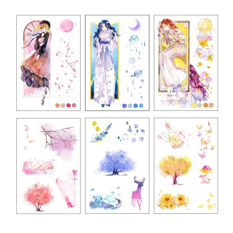 Set 6 tấm sticker hình dán cổ trang màu nước xinh xắn thơ mộng trang trí sổ đáng yêu giá rẻ