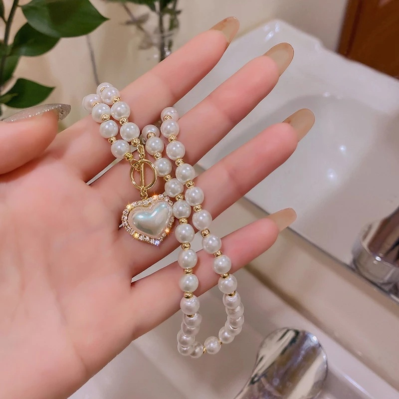 Vòng cổ Mặt Trái Tim Đính Đá Và Ngọc Trai Thời Trang Sang Trọng Cho Nữ