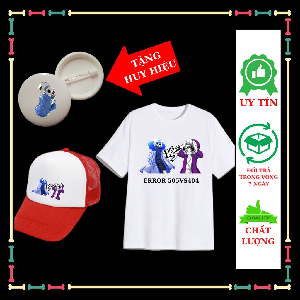 Set áo thun Error 404vsError505 siêu ngầu bé trai, bé gái, kèm mũ lưỡi trai, kèm huy hiệu Sans.