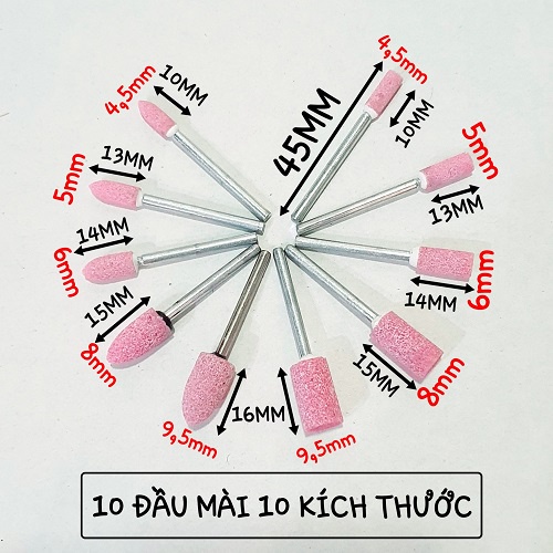 Bộ Phụ Kiện Máy Cầm Tay Gồm 10 Trục 3MM Có 10 Đầu Kích thước Hình Dạng Khác Nhau Đường Kính Đầu Mài Từ 4,5mm Đến 9,5mm