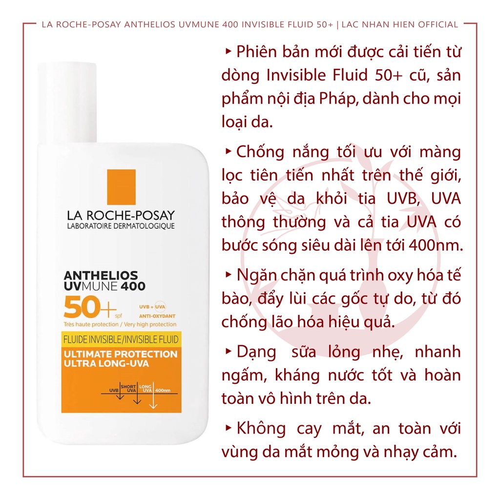 KEM CHỐNG NẮNG LA ROCHE-POSAY ANTHELIOS UVMUNE 400 INVISIBLE FLUID SPF50+ CHO DA NHẠY CẢM