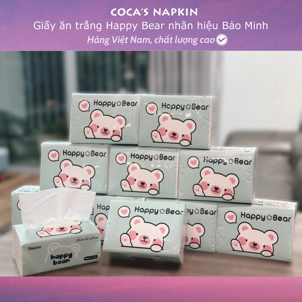 Giấy ăn trắng Happy Bear siêu dai, gói 120 tờ giấy rút lụa mềm mịn 3 lớp, không chất tẩy trắng