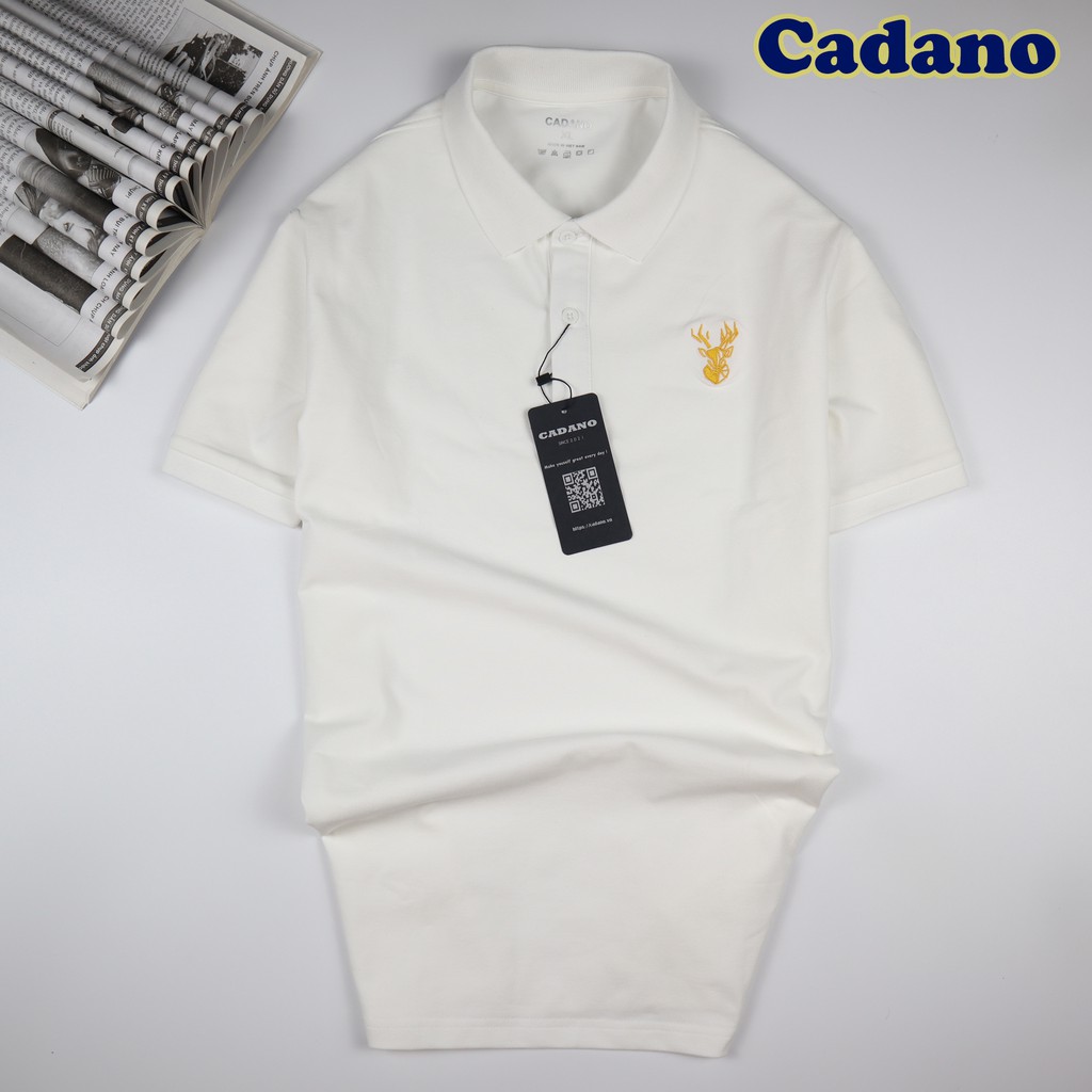 Áo polo nam, thương hiệu CADANO, thêu họa tiết, vải cotton co giãn màu trắng trẻ trung,  dòng Cao Cấp CAD001
