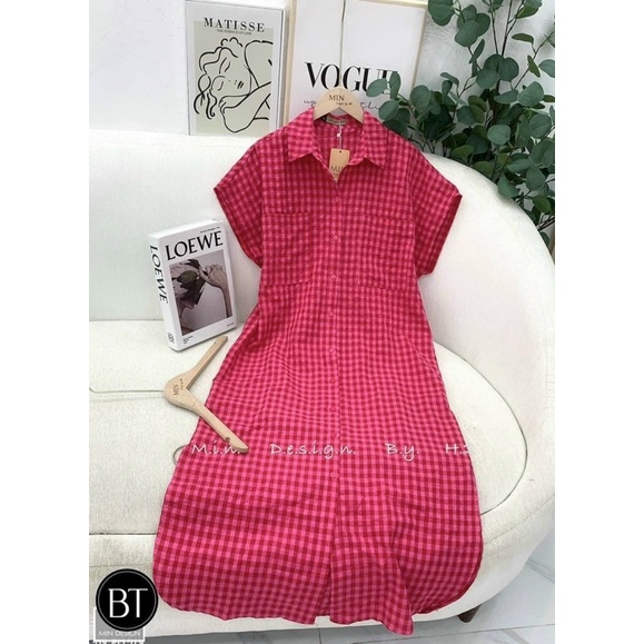 Váy Sơ Mi Đũi Kẻ Hồng Dáng Dài Hàng Đổ Shop