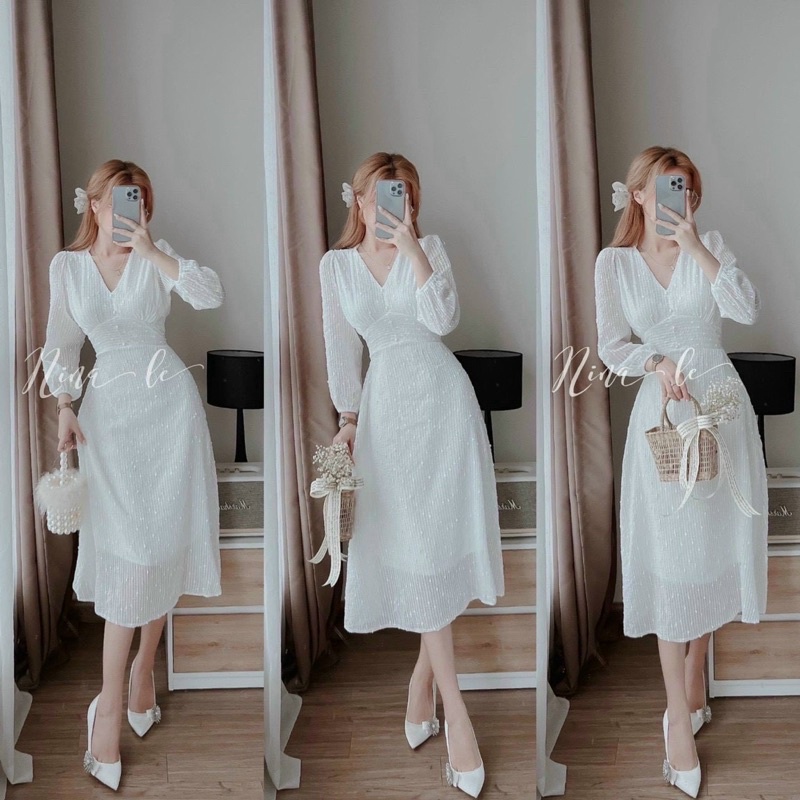 Đầm dự tiệc dạo phố cổ ren cổ V dài tay