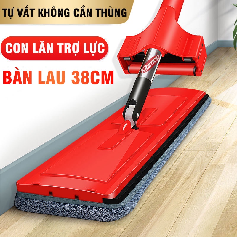 Chổi lau nhà tự vắt Kitimop-Red có con lăn trợ lực vắt nước nhẹ nhàng, chổi lau nhà xoay 360 độ lau sạch khô nhanh