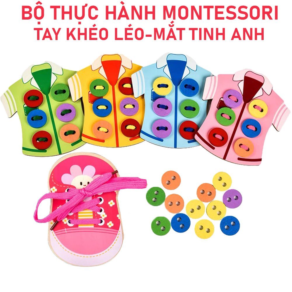 Giáo Cụ Montessori - Đồ Chơi Áo Xâu Khuy Kết Hợp Giày Gỗ Buộc Dây Cho Bé 1 2 3 4 Tuổi Phát Triển Các Kỹ Năng Cơ Bản
