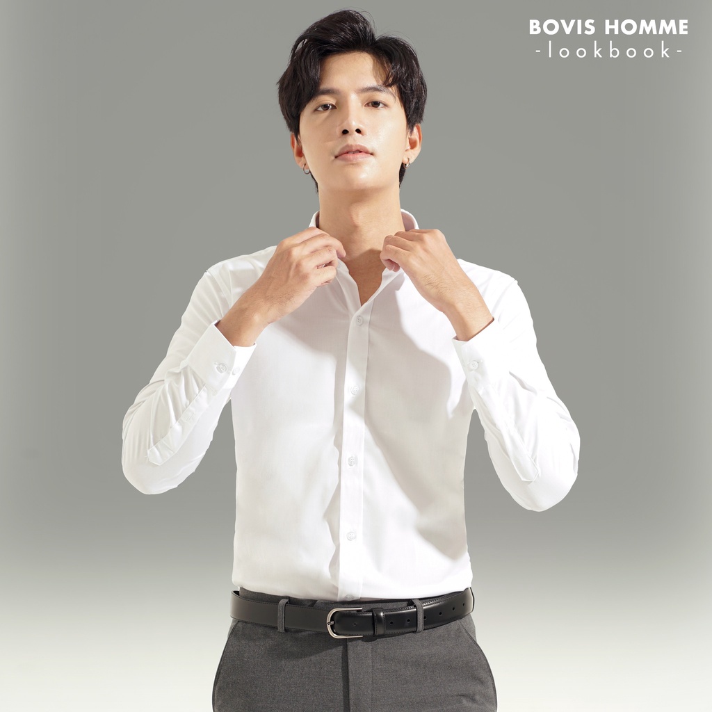 BOVIS HOMME Sơ mi tay dài Trắng SD320, Form slim, chất liệu bamboo, vải dày dặn, thấm hút mồ hôi, chống nhăn